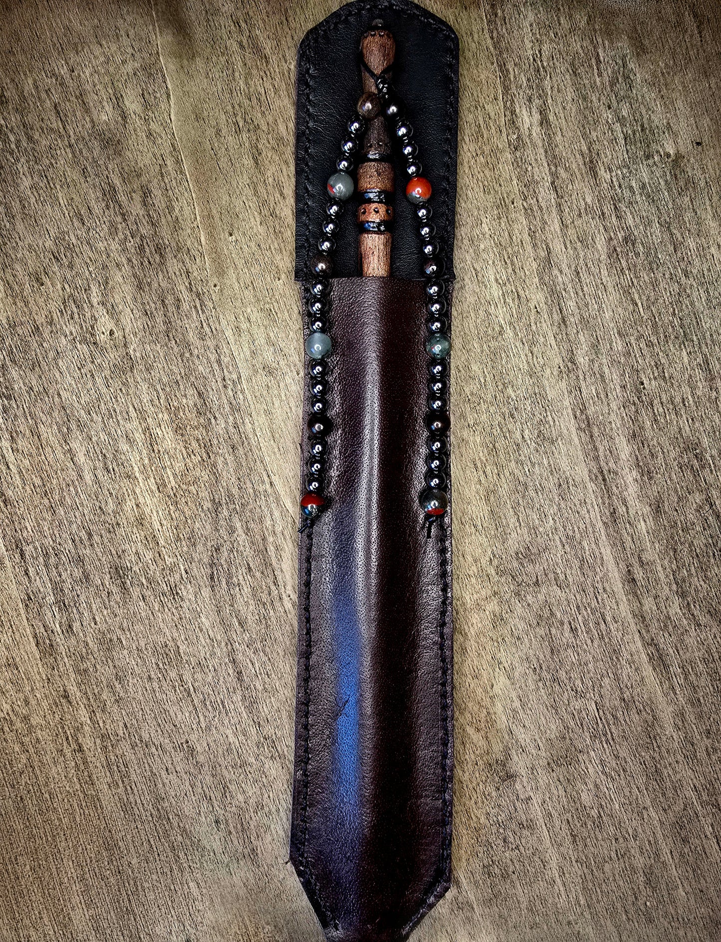 Algiz Wand Set | Ritual Wand with Leather Sheath and Beadwork