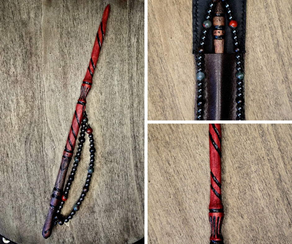 Algiz Wand Set | Ritual Wand with Leather Sheath and Beadwork