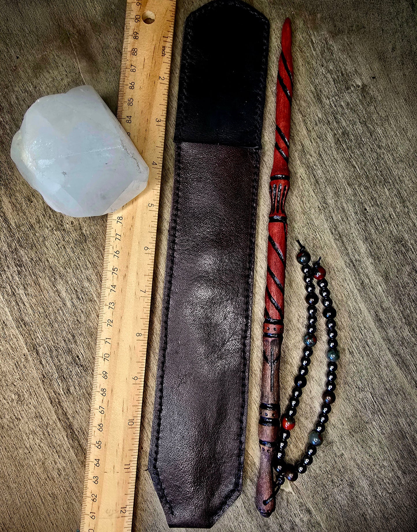Algiz Wand Set | Ritual Wand with Leather Sheath and Beadwork