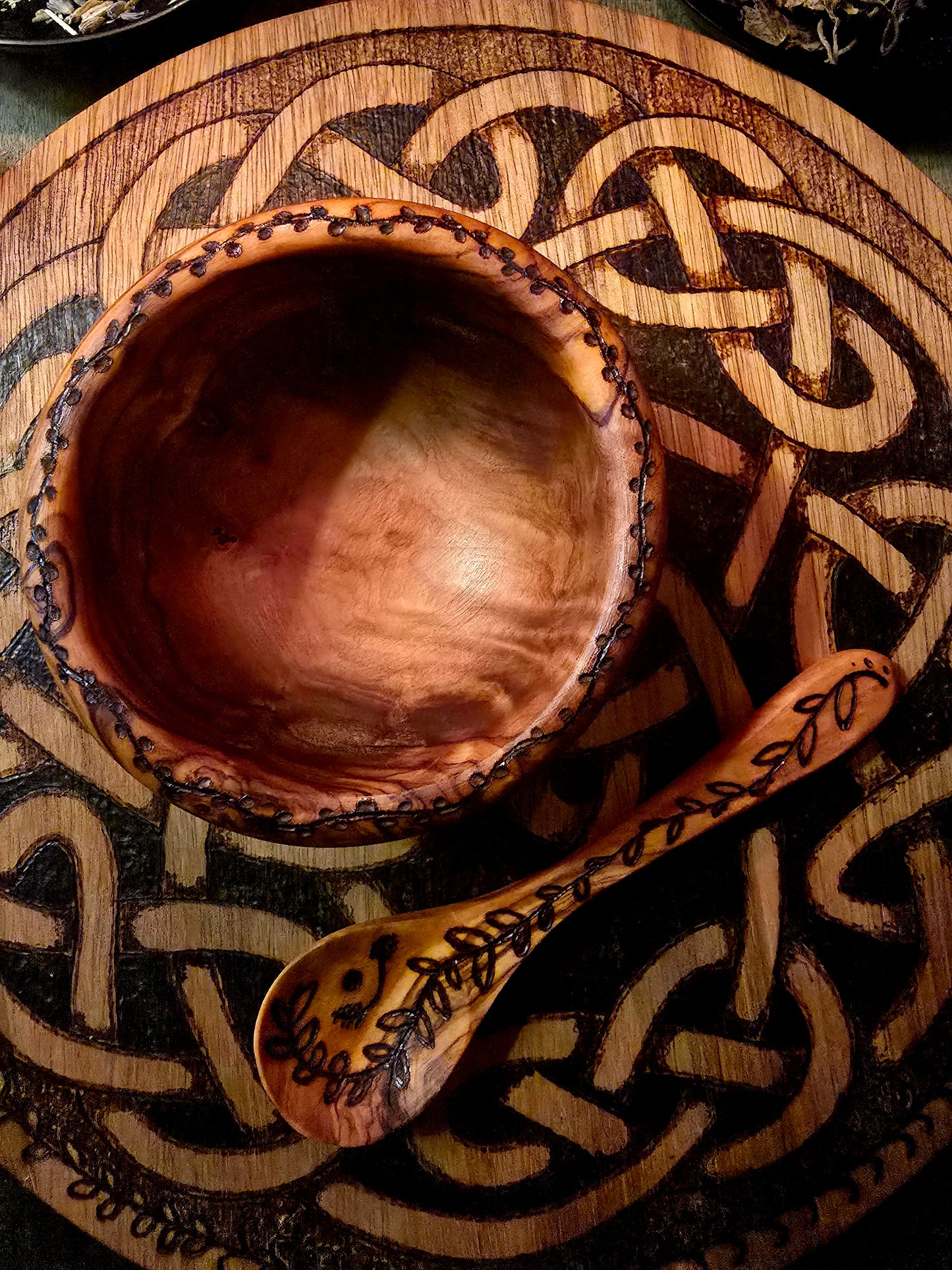 Olive Wood Ritual Offering Set | Six-Piece Hand-Burned Altar Tool Collection
