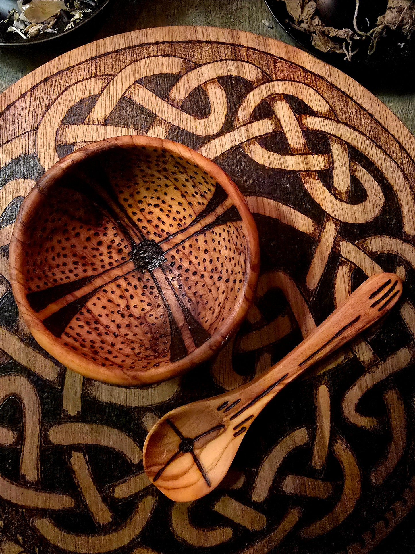Olive Wood Ritual Offering Set | Six-Piece Hand-Burned Altar Tool Collection