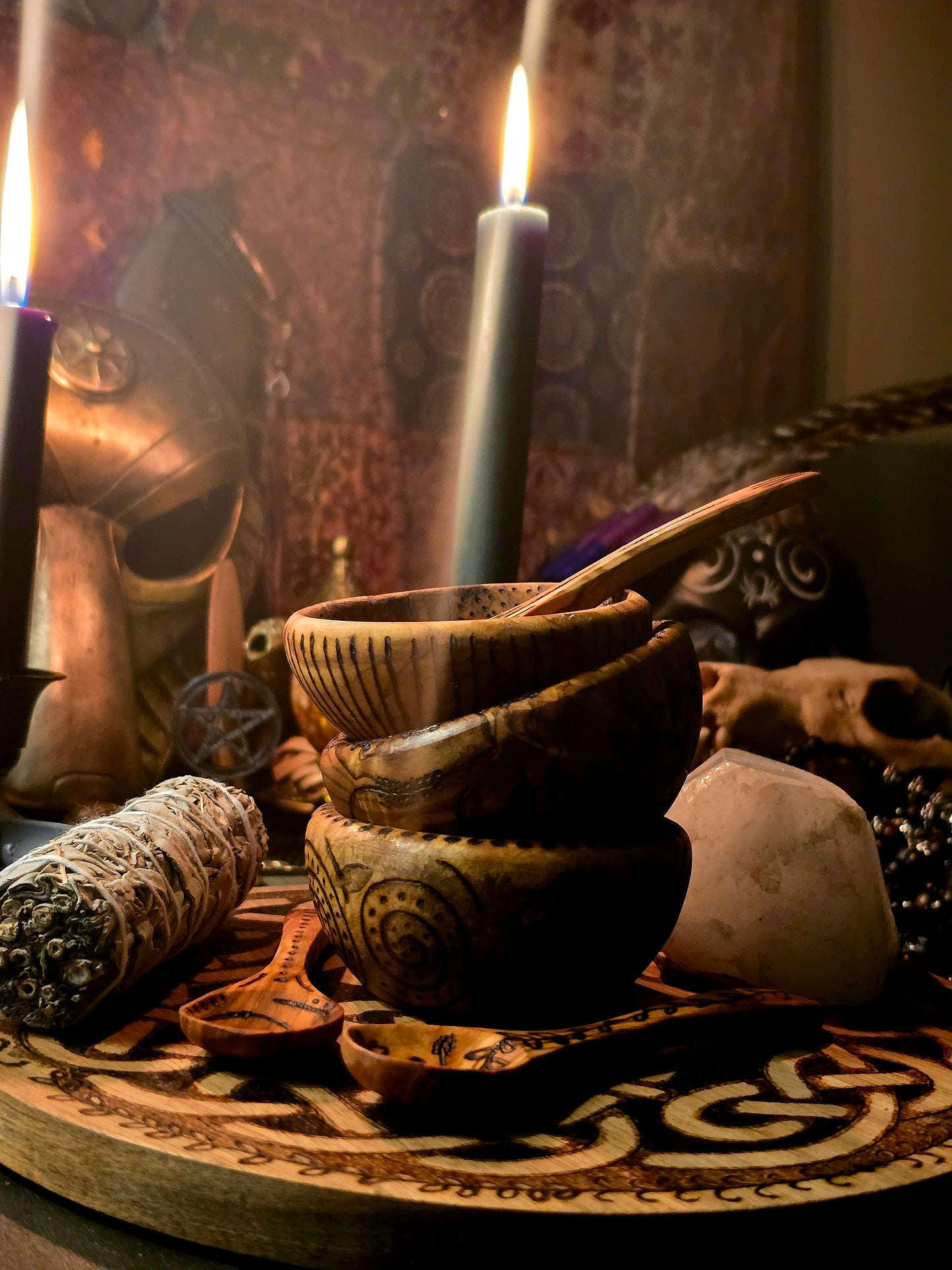 Olive Wood Ritual Offering Set | Six-Piece Hand-Burned Altar Tool Collection