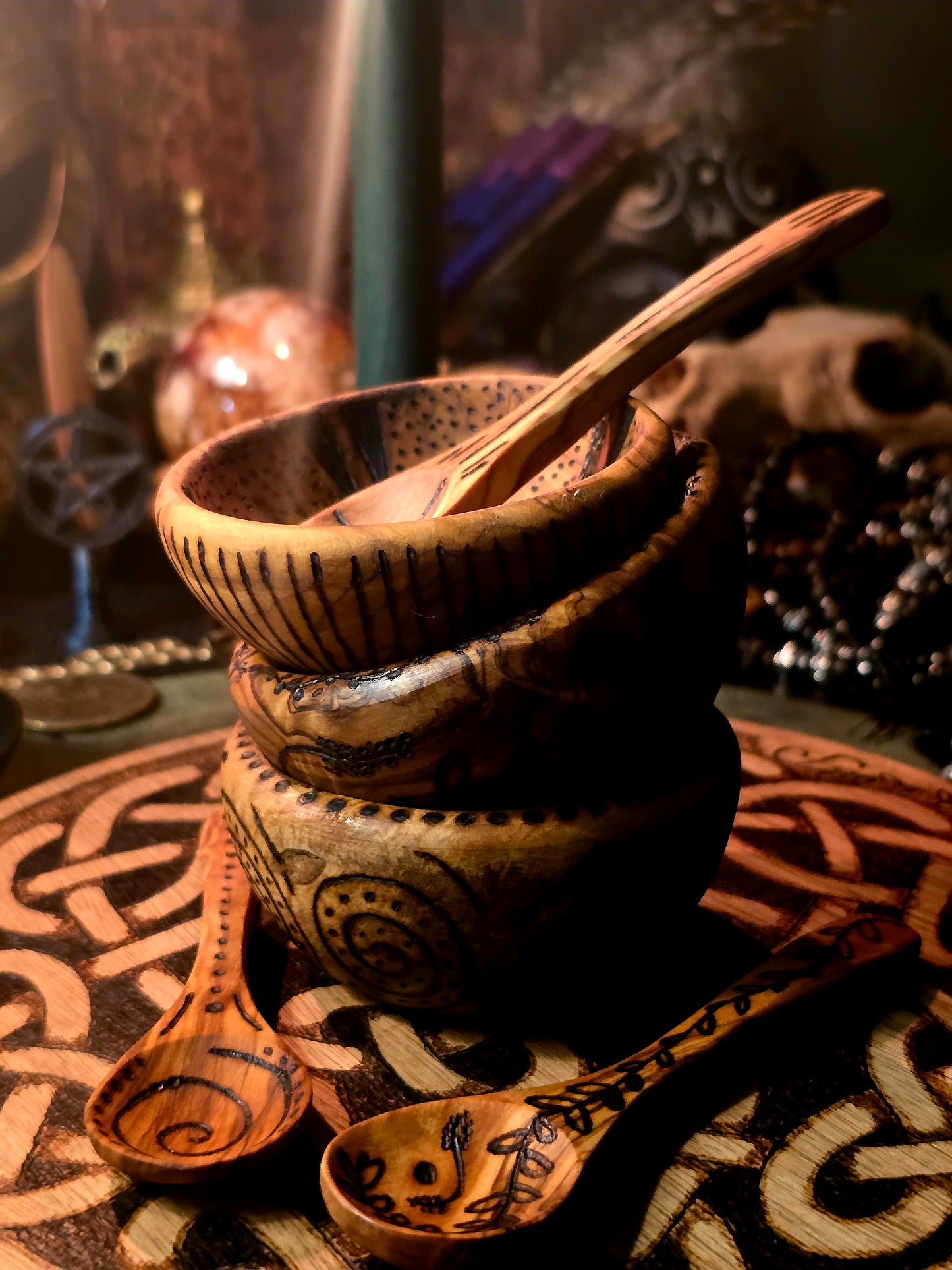 Olive Wood Ritual Offering Set | Six-Piece Hand-Burned Altar Tool Collection