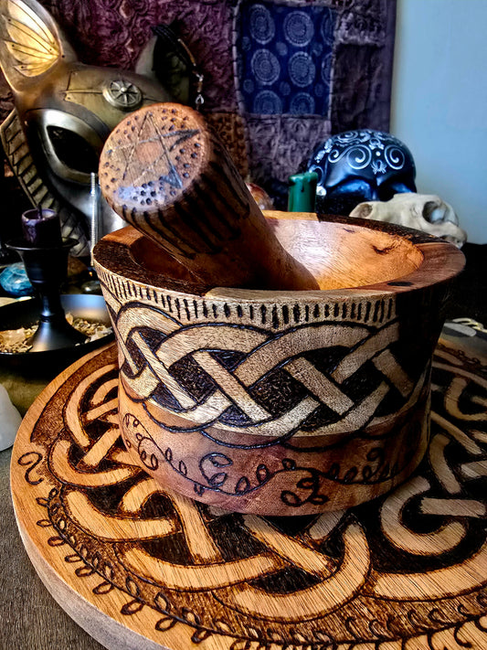 Hand-Burned Celtic Knotwork Mortar & Pestle – Sheesham Rosewood Ritual Set