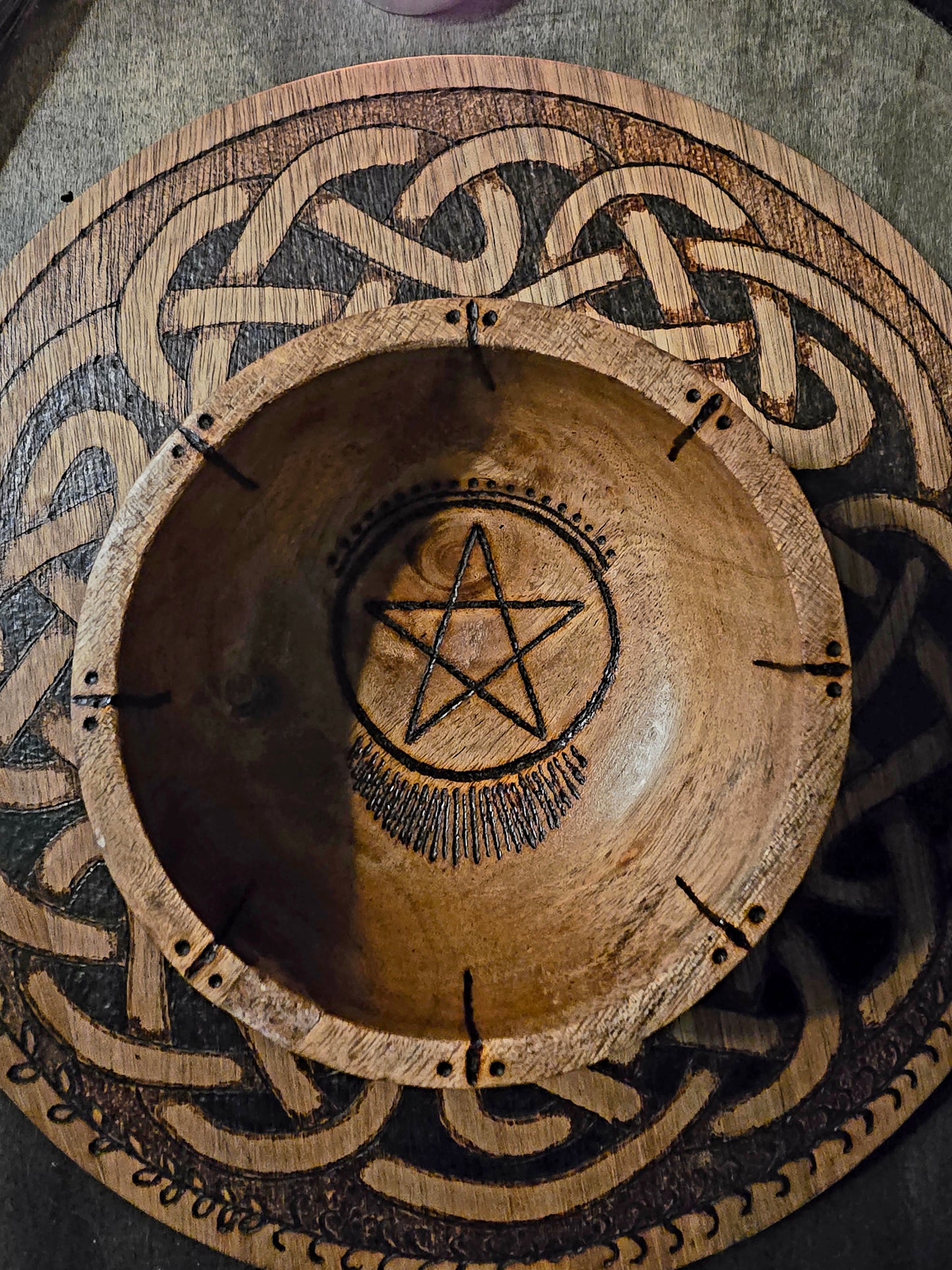 Pentacle Offering Plate & Bowl Set | Acacia Wood Altar Tools