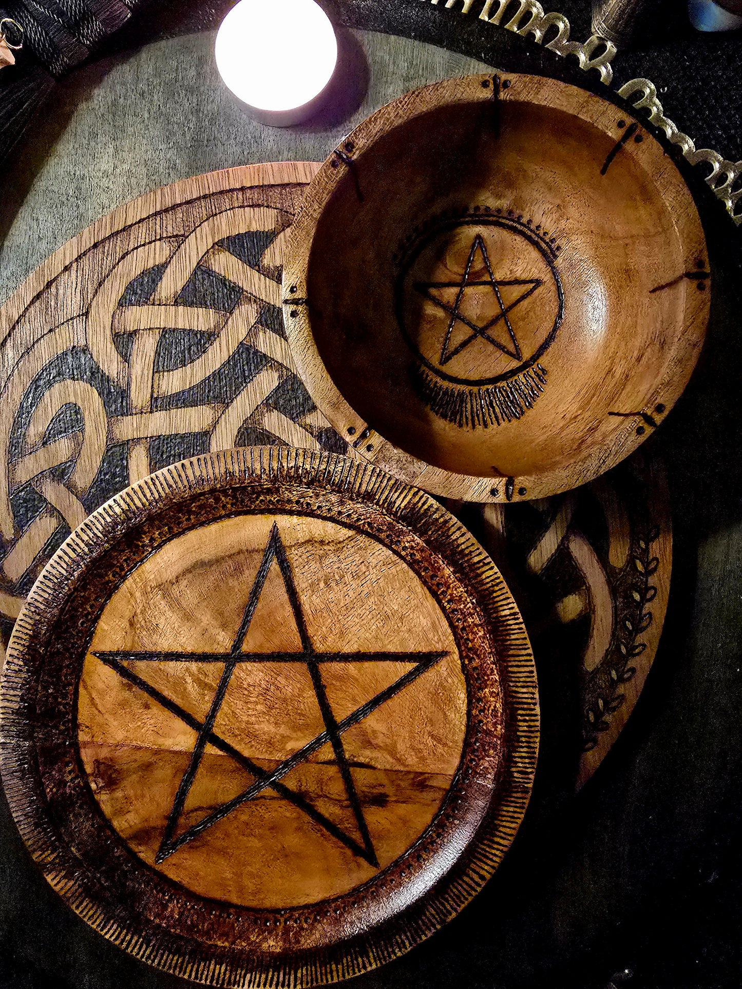 Pentacle Offering Plate & Bowl Set | Acacia Wood Altar Tools