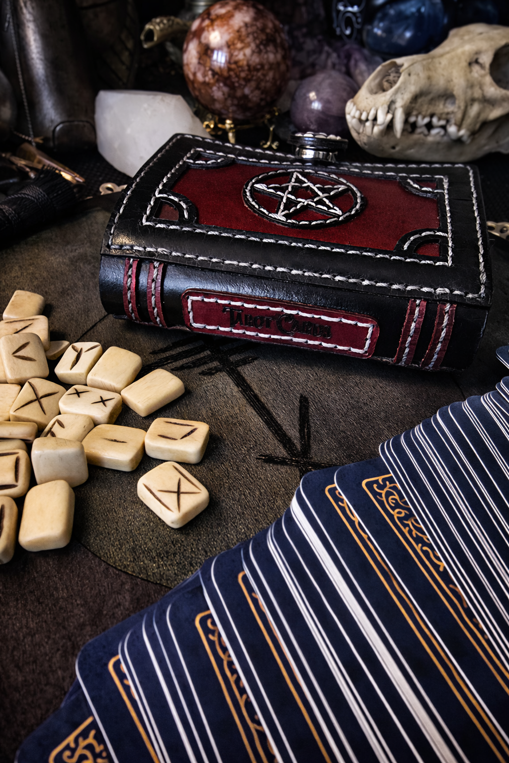 Hand-Sewn Leather Tarot Card Holder - Black & Red with Pentacle Symbol