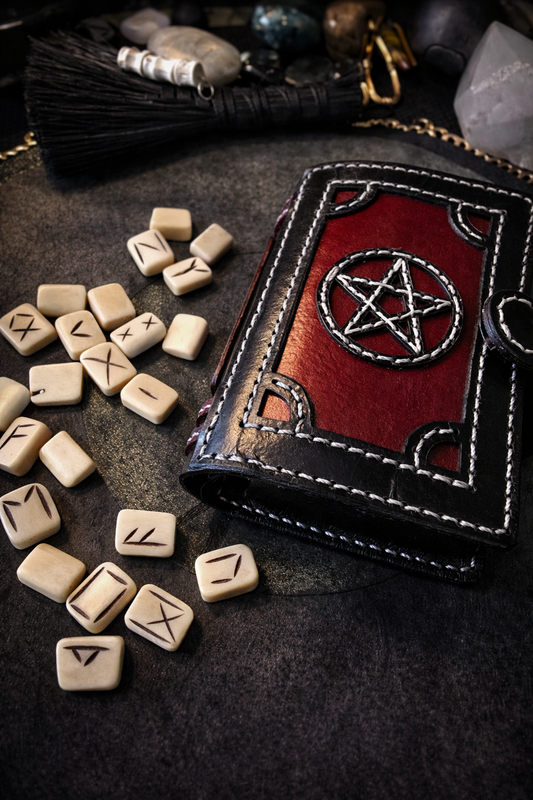 Hand-Sewn Leather Tarot Card Holder - Black & Red with Pentacle Symbol