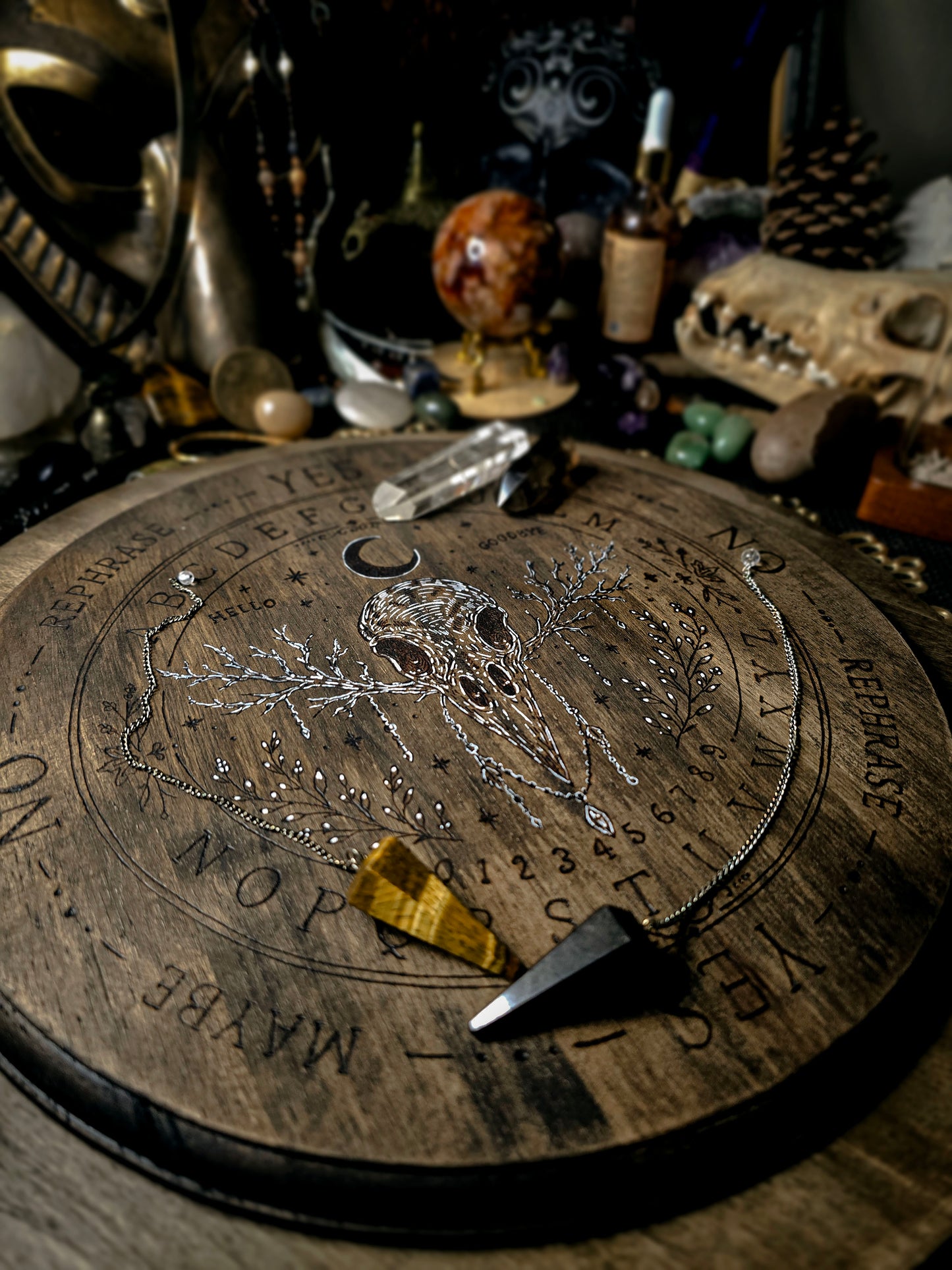 Raven Skull Pendulum Spirit Board | Handburned Divination Board
