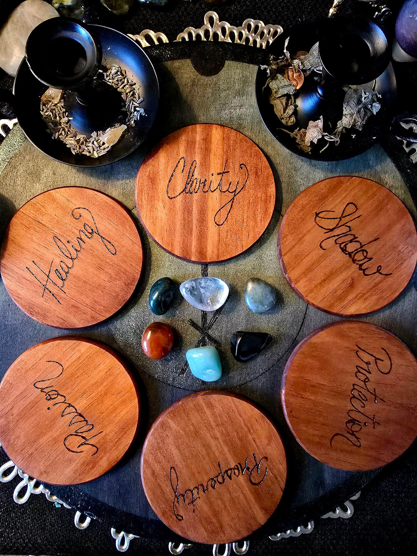 Six Intentions Ritual Set with Wooden Holder and Crystals