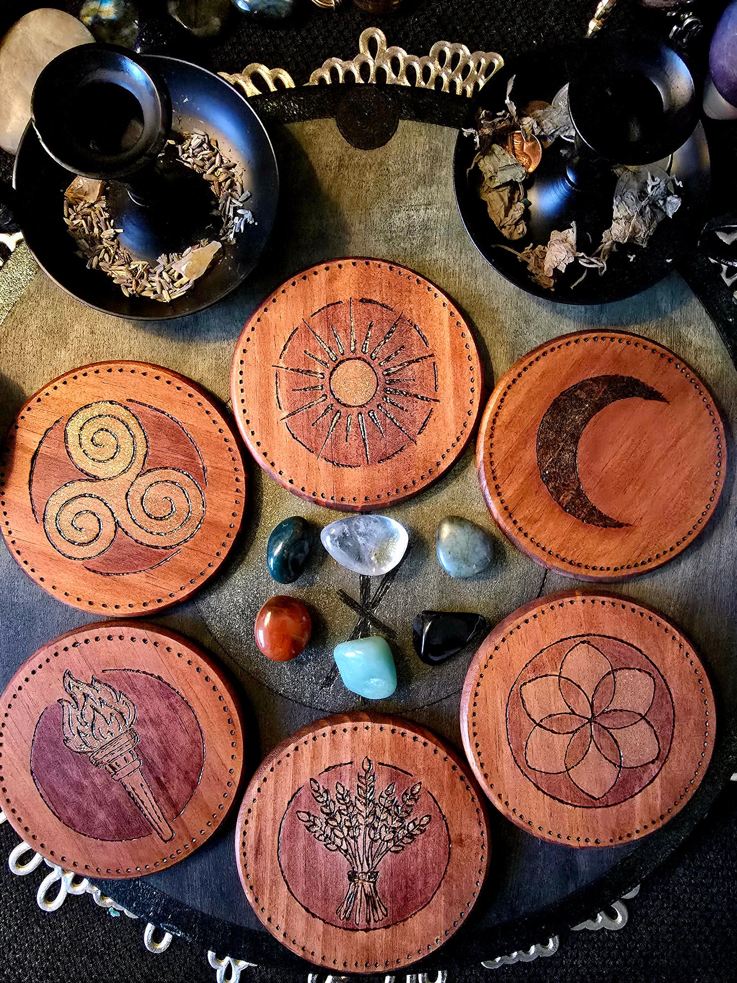 Six Intentions Ritual Set with Wooden Holder and Crystals