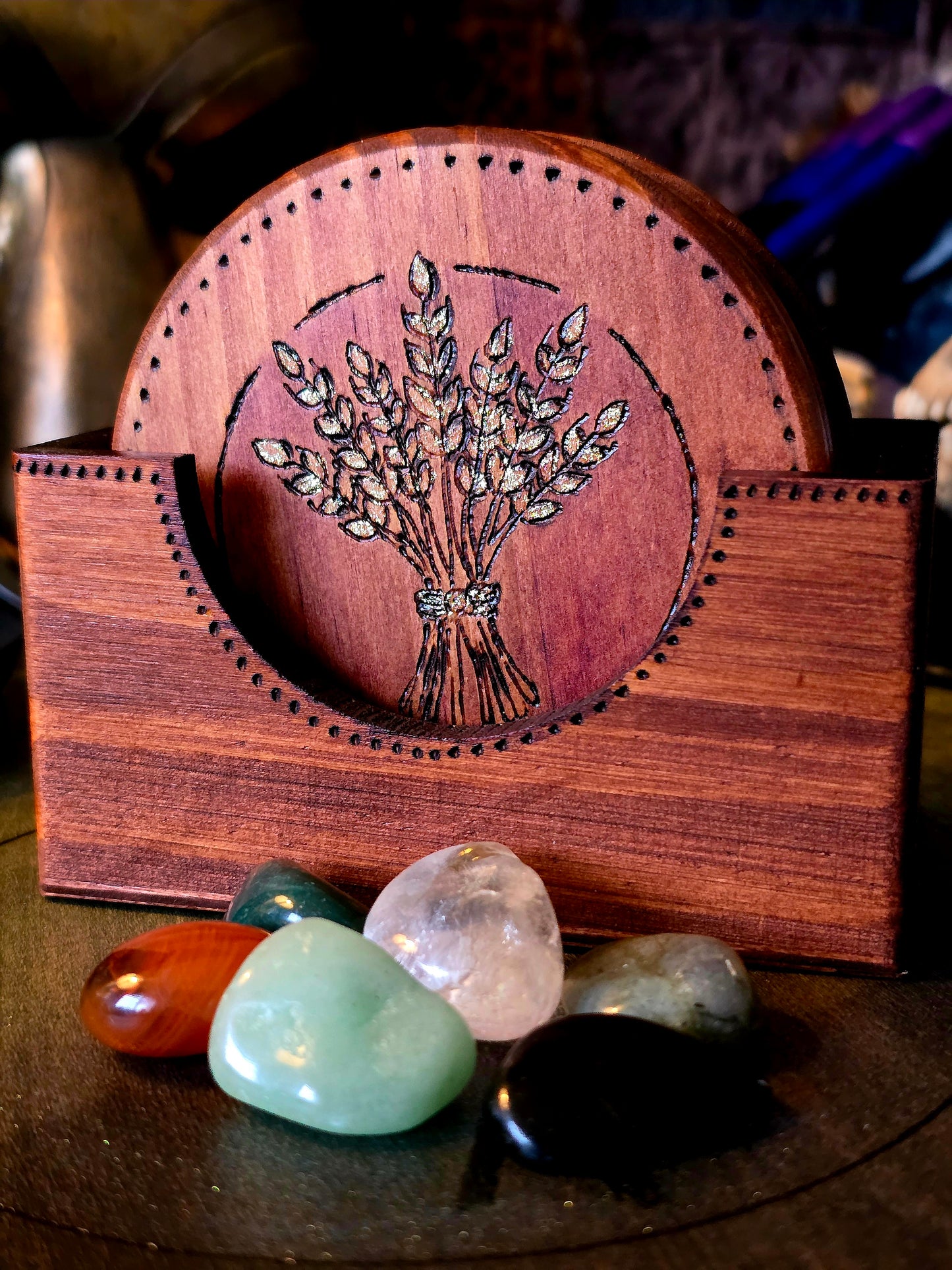 Six Intentions Ritual Set with Wooden Holder and Crystals
