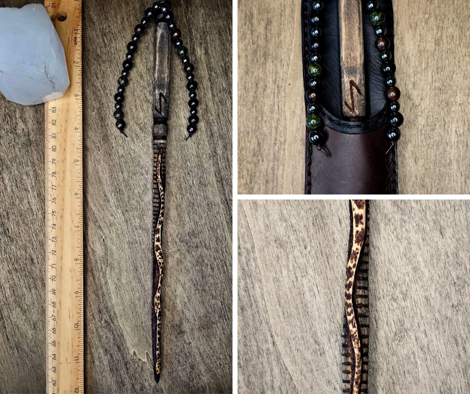 Eihwaz Wand Set | Serpent Wand with Leather Sheath and Beadwork