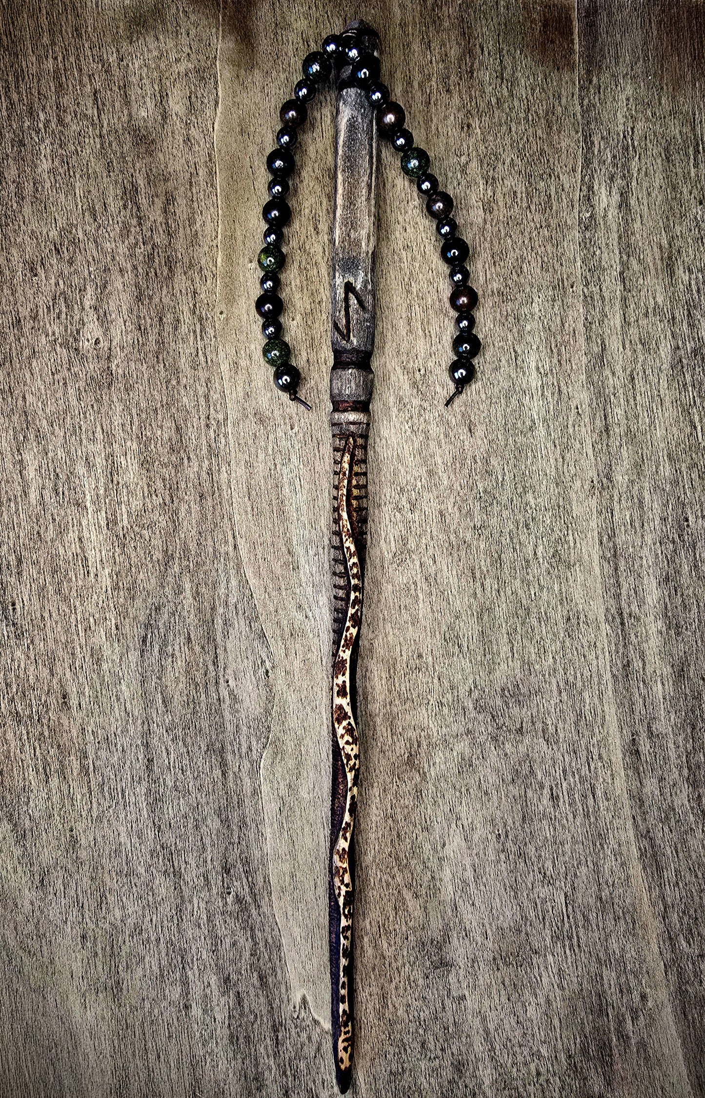 Eihwaz Wand Set | Serpent Wand with Leather Sheath and Beadwork